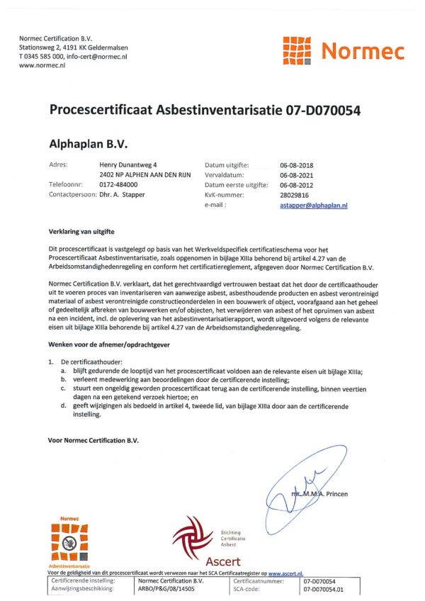 Procescertificaat Asbestinventarisatie Alphaplan Adviseurs In Bouwen